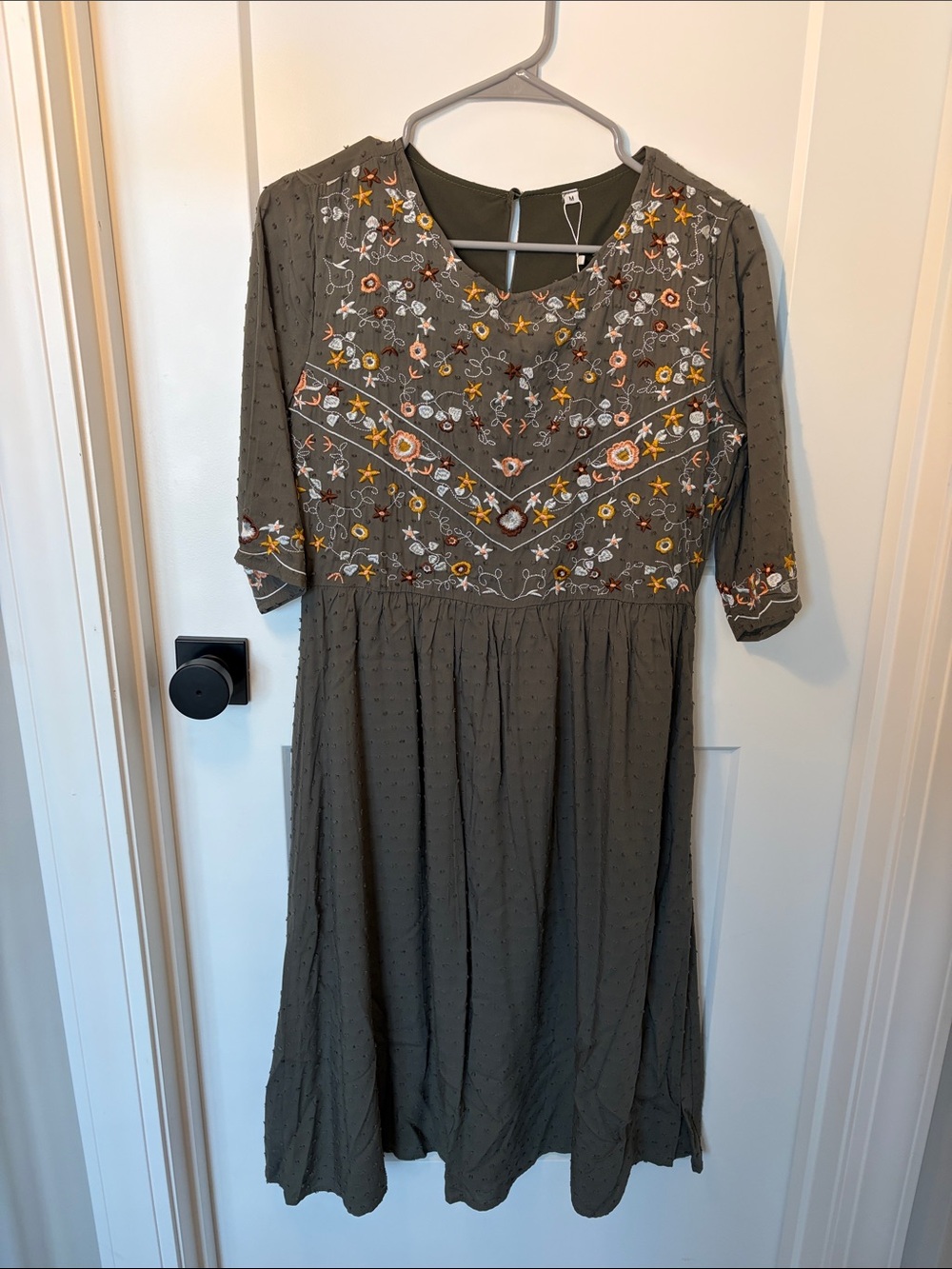 Petallush Olive Green Embroidered Midi Dress